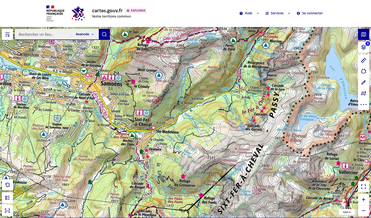 La couche Cartes IGN sur cartes.gouv.fr entre Samoëns, Sixt-Fer-à-Cheval et le cirque du Fer-à-Cheval