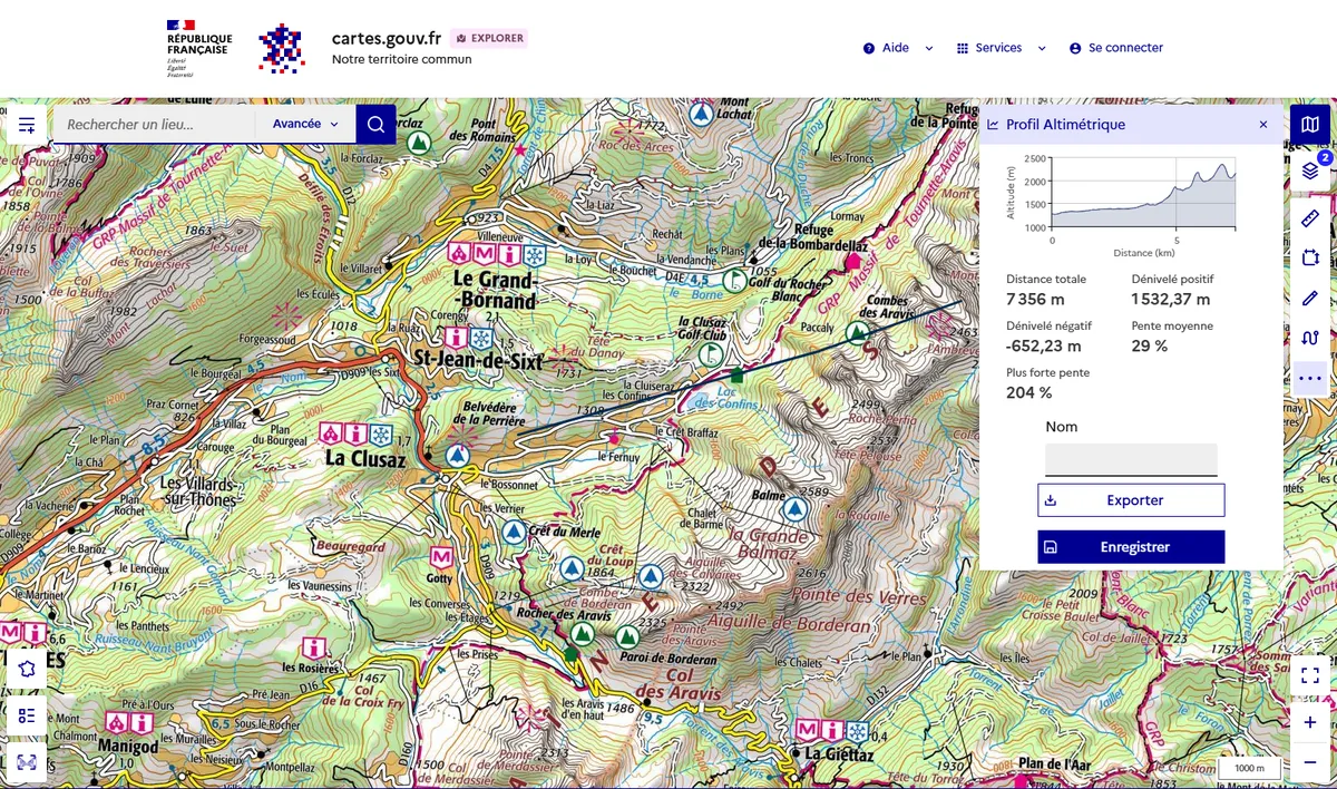 L’outil Profil altimétrique de cartes.gouv.fr, avec la courbe d’altitude, la distance et le dénivelé d’un tracé près de La Clusaz