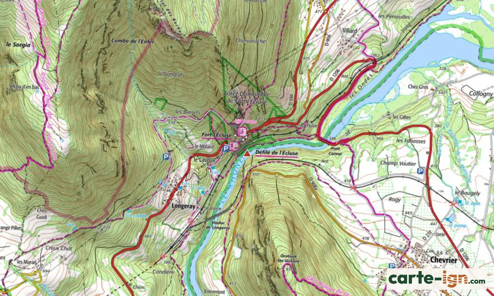 Défilé de l'Écluse à Léaz sur la carte IGN au 1:25 000, carte 3330OT Bellegarde-sur-Valserine