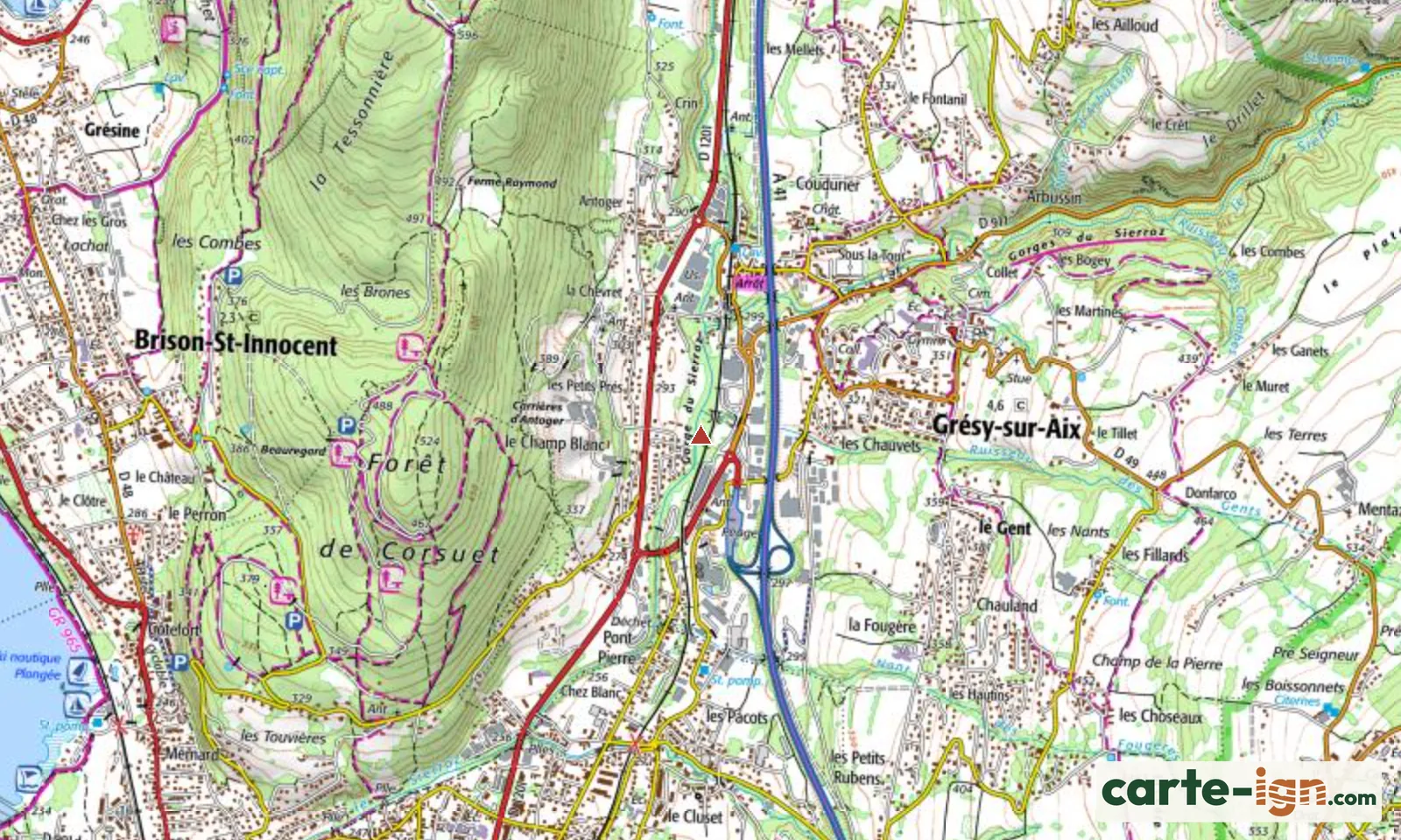 Gorges du Sierroz à Grésy-sur-Aix sur la carte IGN au 1:25 000, carte 3332OT Chambéry