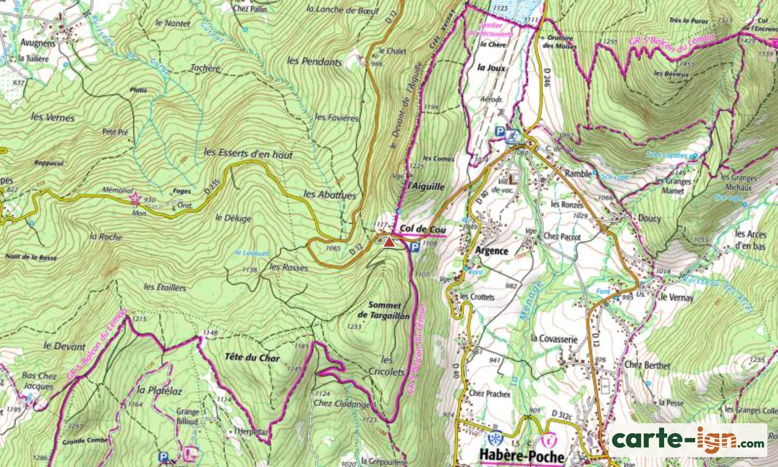 Col de Cou à Cervens sur la carte IGN au 1:25 000, carte 3428ET Thonon-les-Bains, Évian-les-Bains