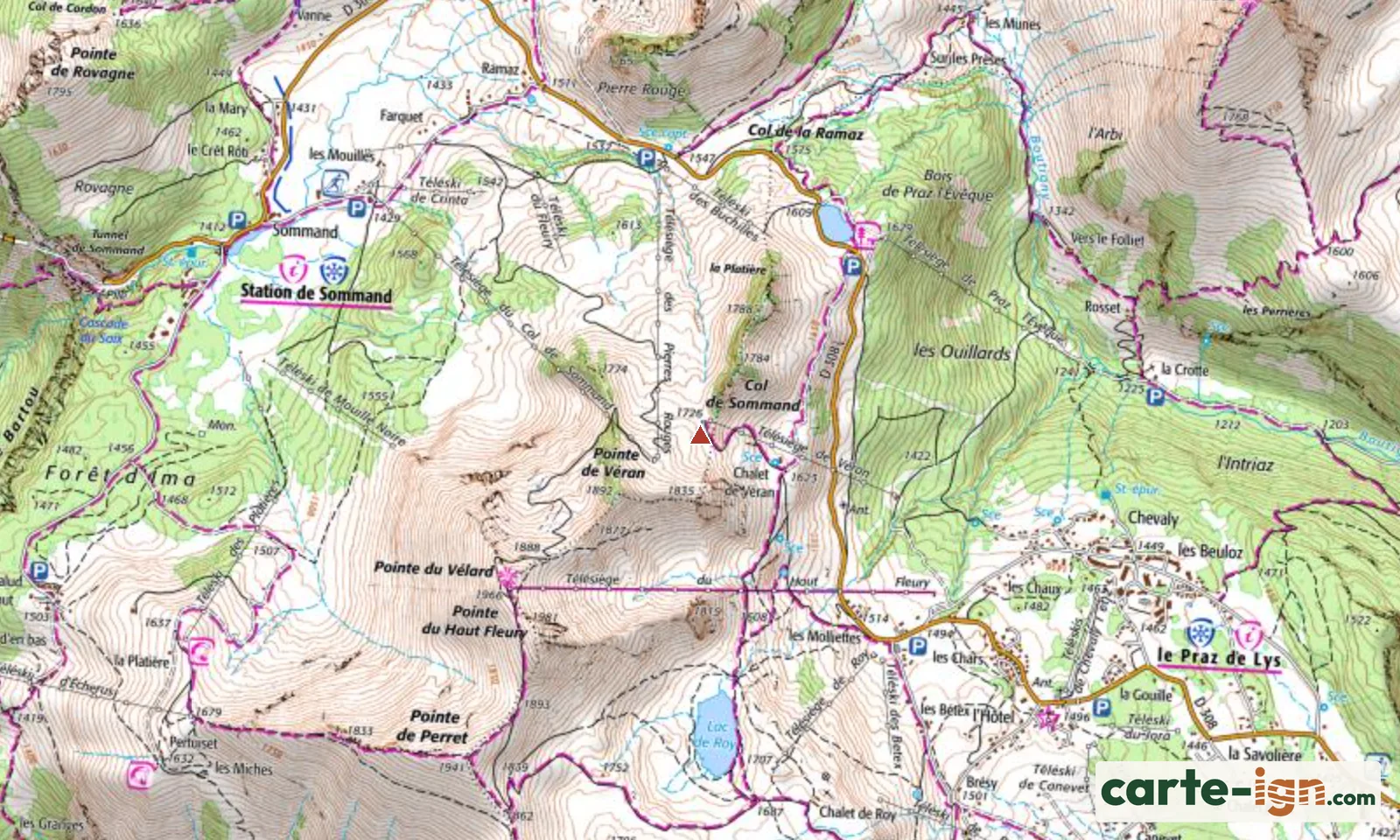 Col de Sommand à Mieussy sur la carte IGN au 1:25 000, carte 3429ET Bonneville
