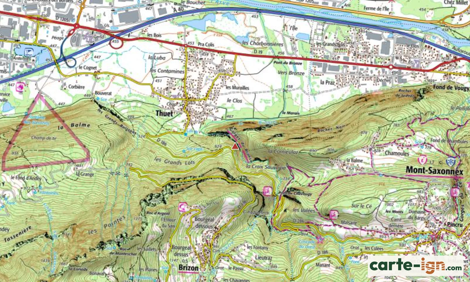 Gorges du Bronze à Bonneville sur la carte IGN au 1:25 000, carte 3429ET Bonneville