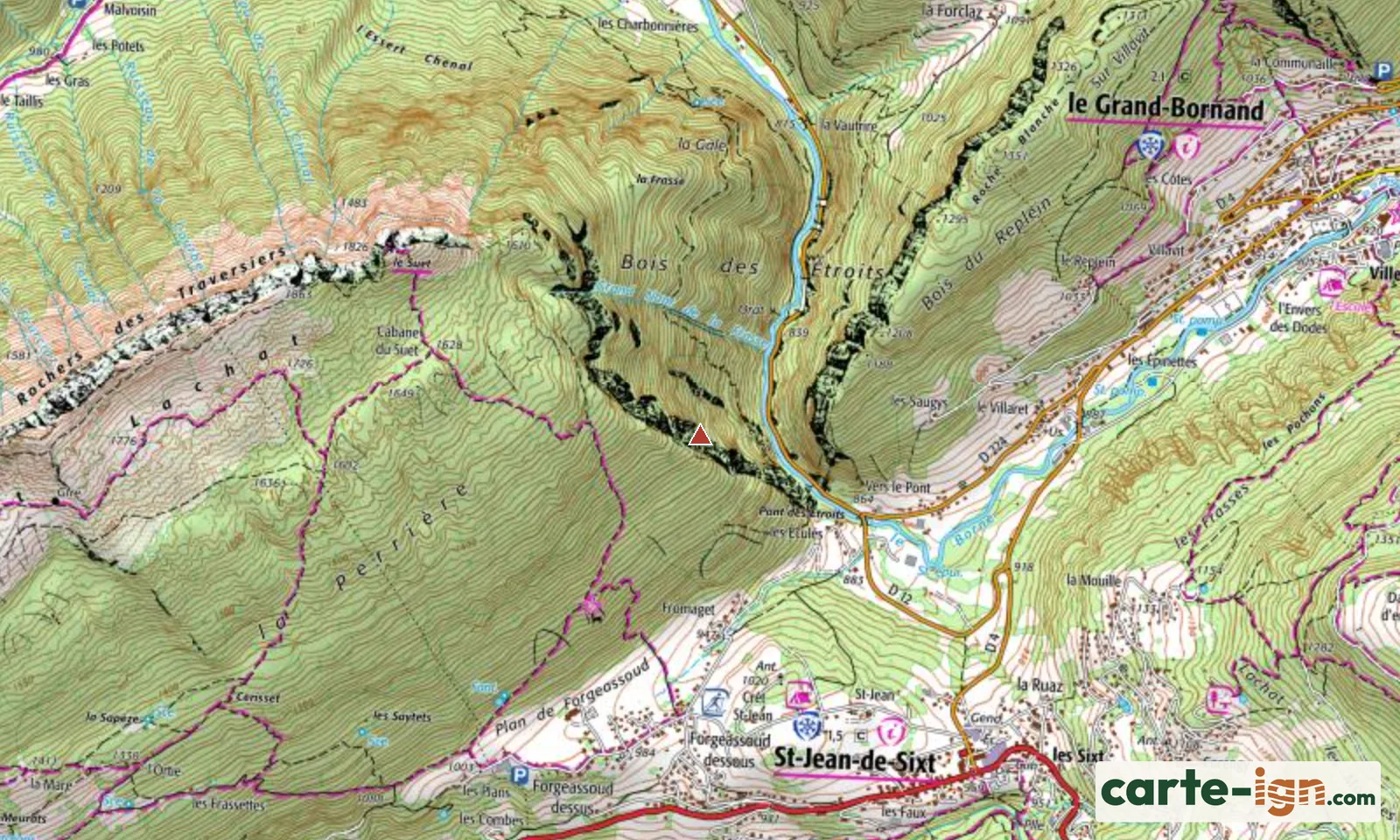 Défilé des Étroits à Glières-Val-de-Borne sur la carte IGN au 1:25 000, carte 3430ET La Clusaz