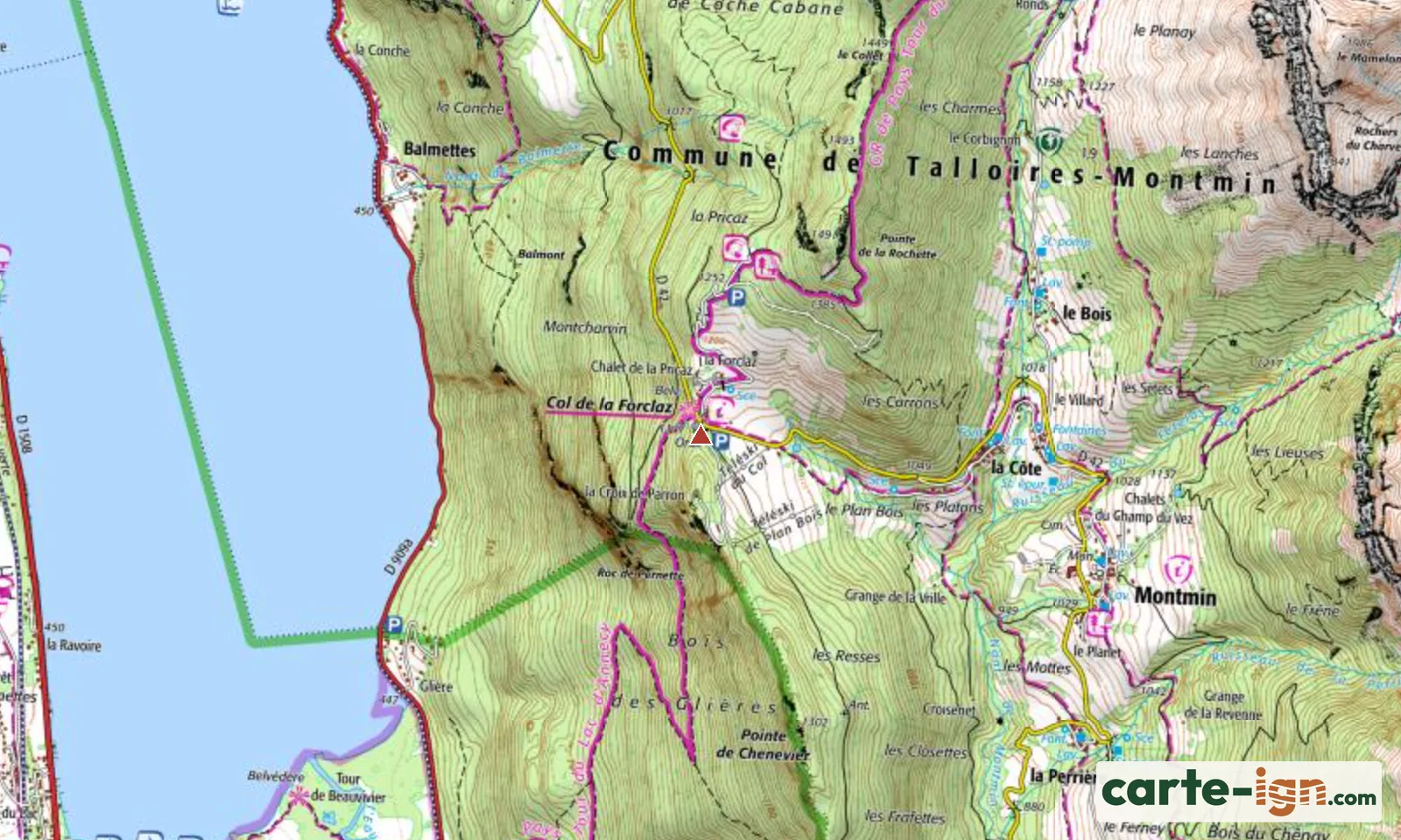 Col de la Forclaz à Talloires-Montmin sur la carte IGN au 1:25 000, carte 3431OT Lac d'Annecy