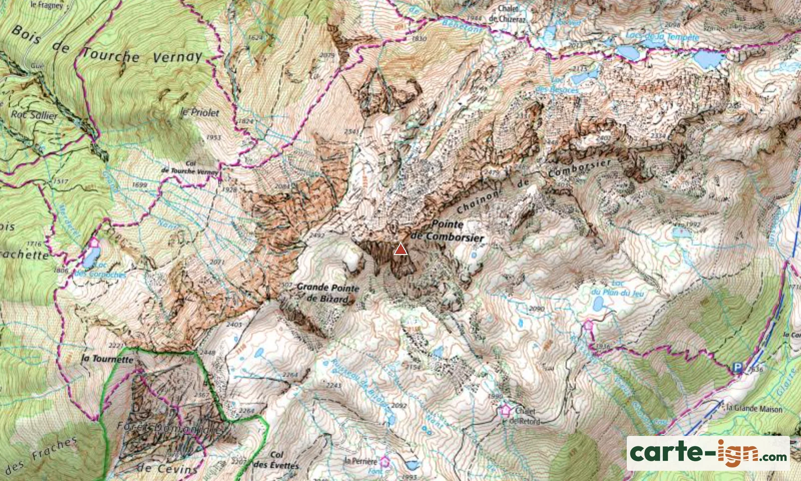 Pointe de Comborsier à Cevins sur la carte IGN au 1:25 000, carte 3432ET Albertville