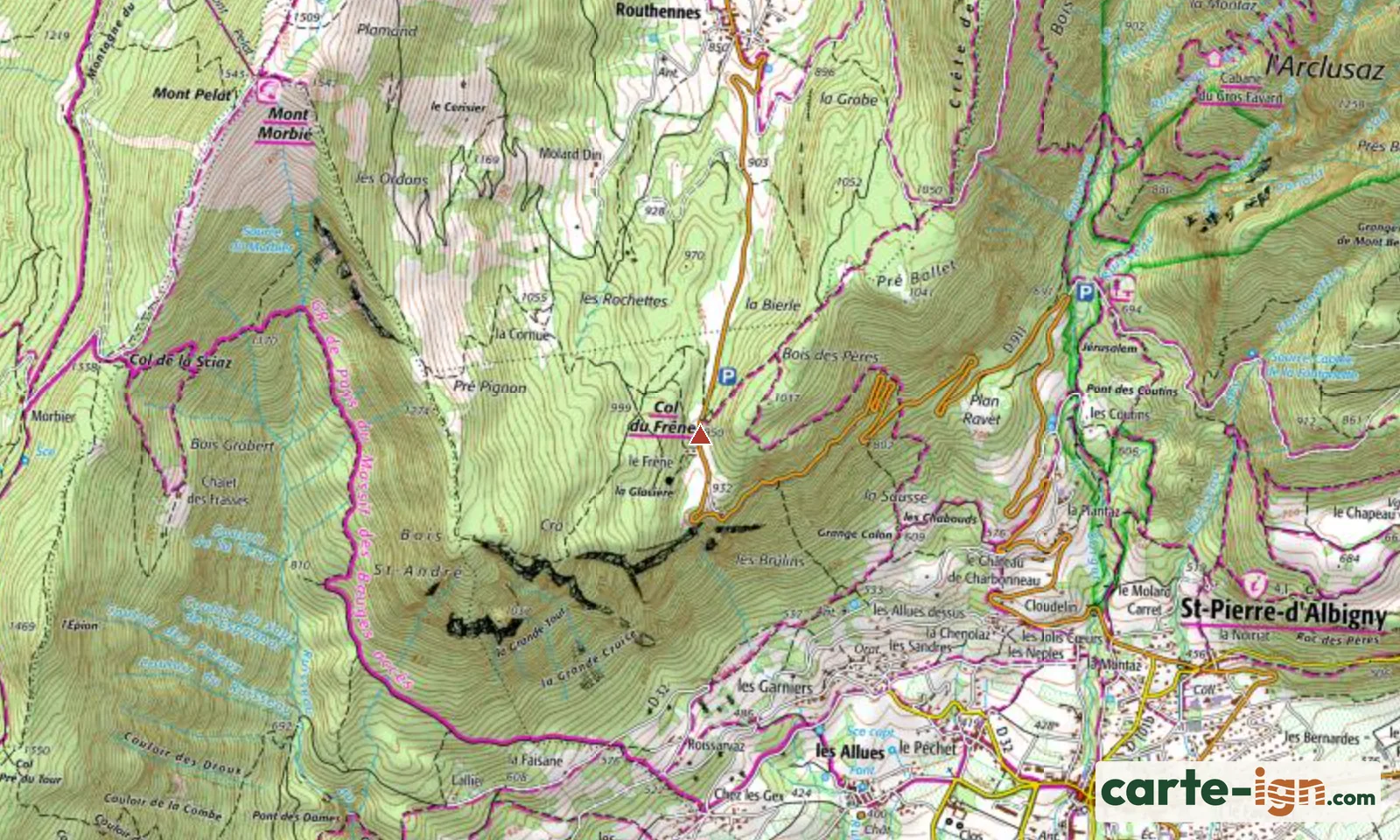 Col du Frêne à Saint-Pierre-d'Albigny sur la carte IGN au 1:25 000, carte 3432OT Massif des Bauges