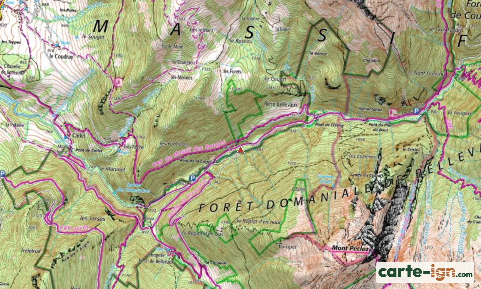 Vallon de Bellevaux à Jarsy sur la carte IGN au 1:25 000, carte 3432OT Massif des Bauges