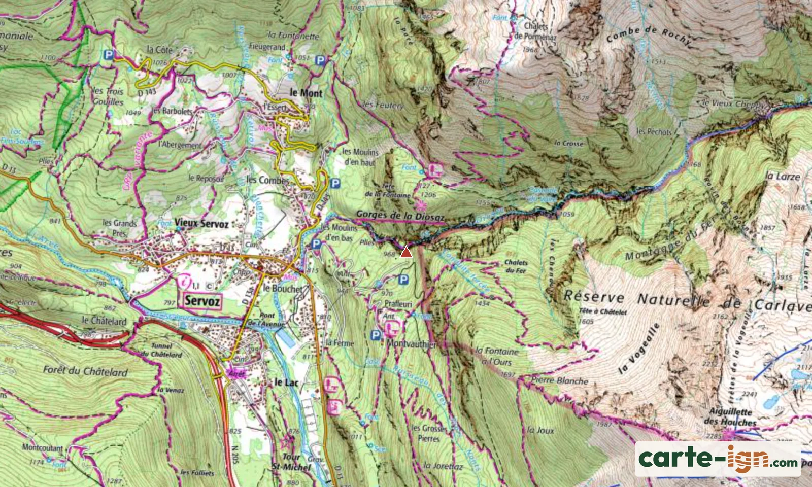 Gorges de la Diosaz à Servoz sur la carte IGN au 1:25 000, carte 3530ET Samoëns