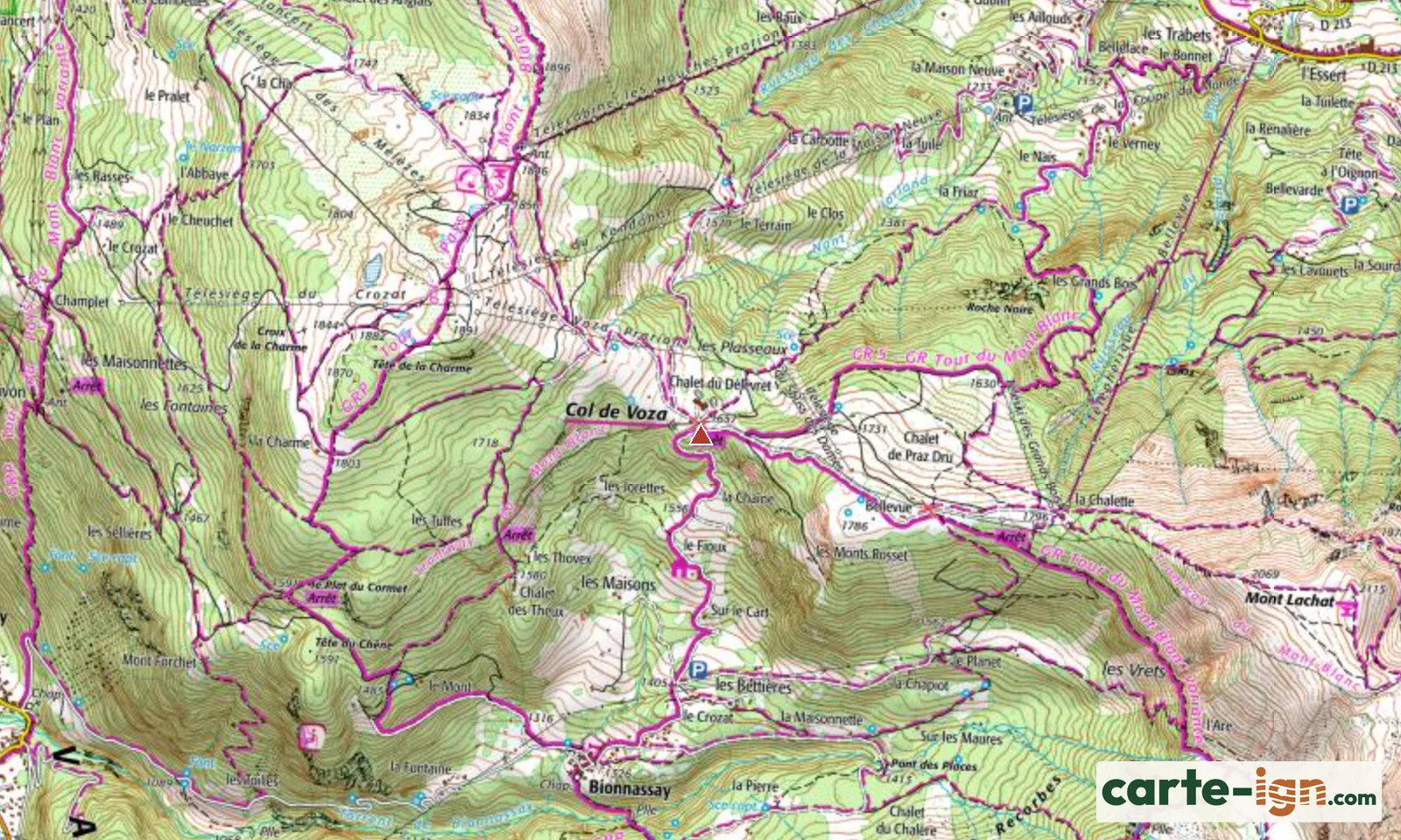 Col de Voza à Saint-Gervais-les-Bains sur la carte IGN au 1:25 000, carte 3531ET Saint-Gervais-les-Bains