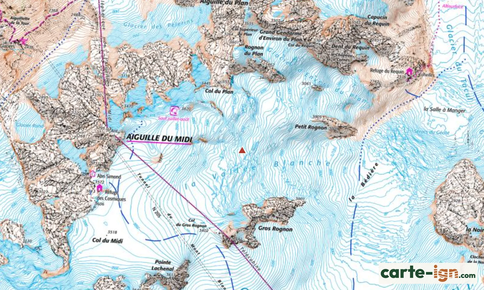 La Vallée Blanche à Chamonix-Mont-Blanc sur la carte IGN au 1:25 000, carte 3531ET Saint-Gervais-les-Bains