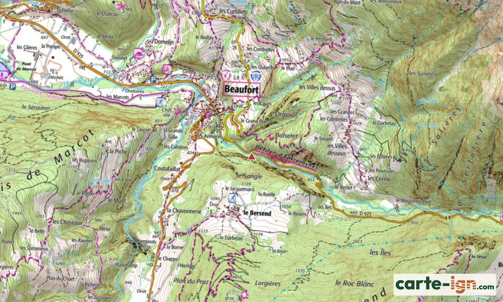 Défilé d'Entreroches à Beaufort sur la carte IGN au 1:25 000, carte 3531OT Megève