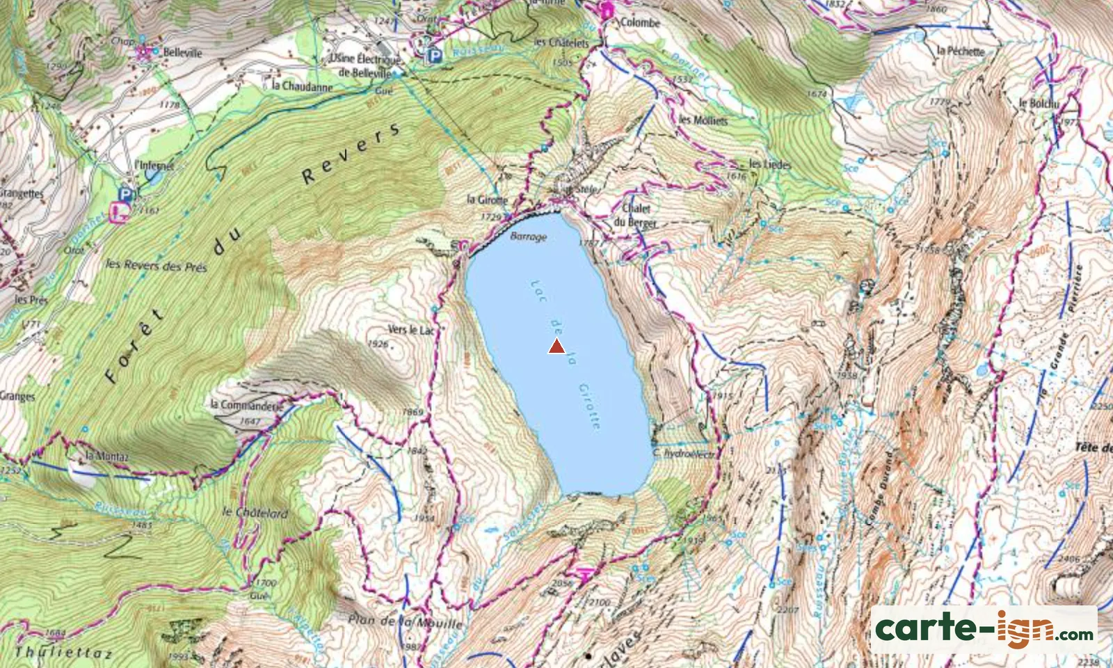 Lac de la Girotte à Hauteluce sur la carte IGN au 1:25 000, carte 3531OT Megève