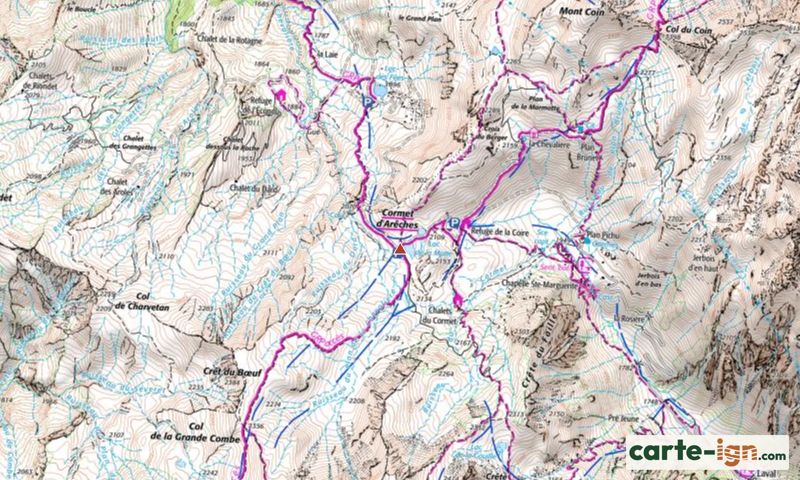 Cormet d'Arêches à Aime-la-Plagne sur la carte IGN au 1:25 000, carte 3532OT Massif du Beaufortin Moutiers la Plagne