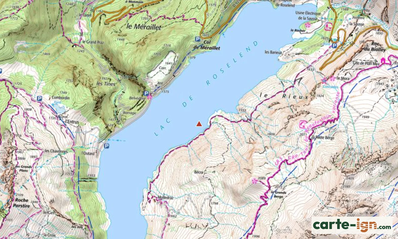 Lac de Roselend à Beaufort sur la carte IGN au 1:25 000, carte 3532OT Massif du Beaufortin Moutiers la Plagne